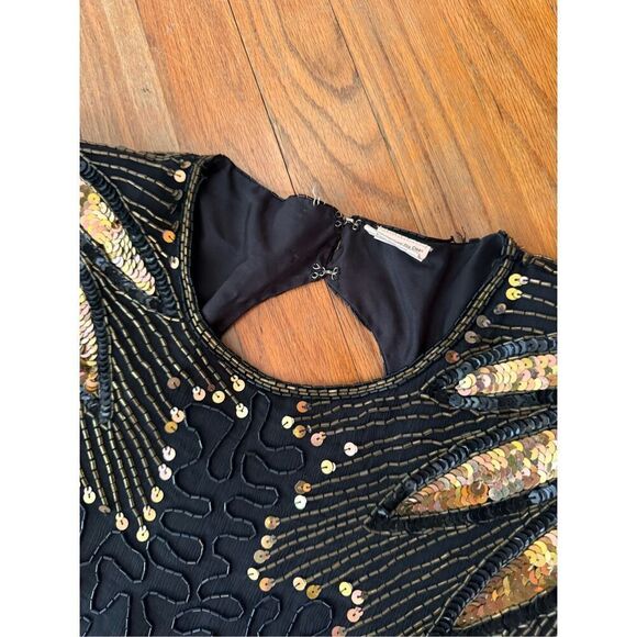 Vintage 80s Laurence Kazar Black Gold Cocktail Silk Sequin Beaded Midi Dress - Picture 3 of 10